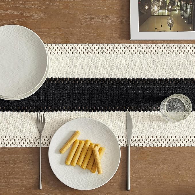 ZeeMart Macrame Style Bicolor Stitching Table Runner, 12 x 108 Inch Black/Ivory, Boho Black Table Runners 108 Inches Long, Farmhouse Woven Home Decor