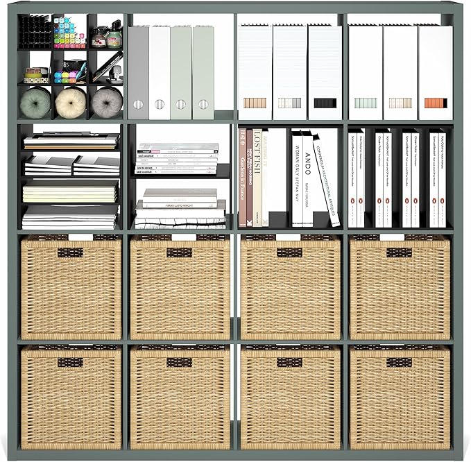 Furinno Cubicle Book Shelf, 16-Cube Bookshelf, Extra Thick Frame Reversible Bookcase with Open Back, 14.6" x 58" x 58", for Living Room, Bedroom, Home Office, Sage Green