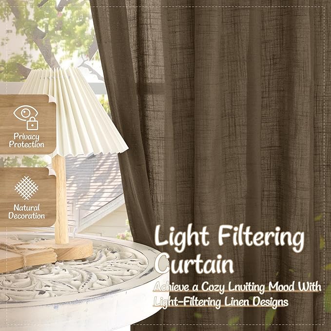 LAMIT 72 inch Linen Sheer Curtains for Living Room 2 Panels, Linen Textured Light Filtering Semi Sheer Back Tab and Rod Pocket Window Curtain Panels for Bedroom/Farmhouse, Brwon, 52 x 72 Inch