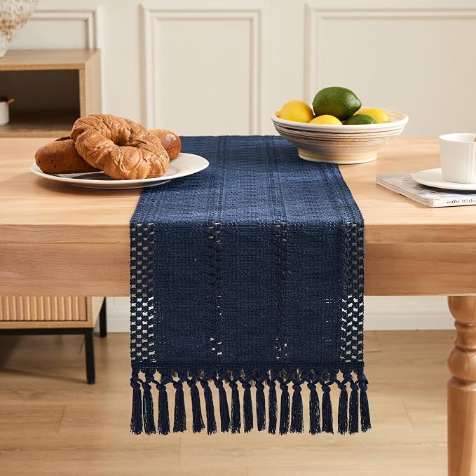 ZeeMart Macrame Style Boho Table Runner, Navy Table Runners 60 Inches Long, Farmhouse Woven Home Decor, 12x60 Inch, Navy Blue