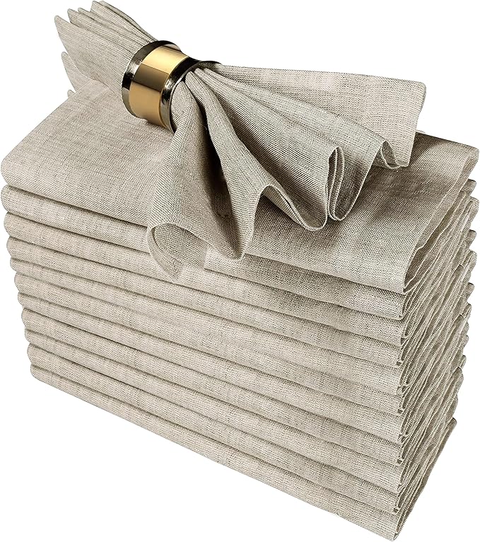 GFI Linen Clubs Cloth Napkins Set of 12, 18x18 Inch, Cotton Flax Fabric, Beige Reusable Dinner Napkins, Soft Linen Look Washable Table Napkins for Wedding, Party & Everyday Use