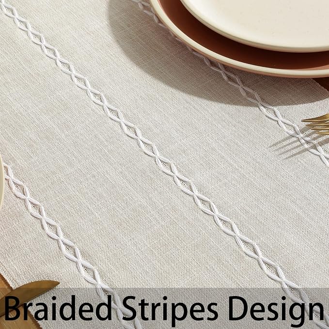 Rustic Boho Table Runner, Farmhouse Table Runners 72 Inches Long for Kitchen Dining Room, 13x72 Inches, Ivory Lines