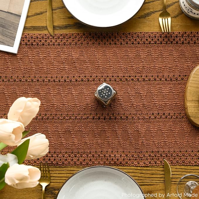 Artoid Mode Caramel Farmhouse Woven Rustic Hollow Table Runner, Seasonal Holiday Hollow Kitchen Dining Table Decoration for Home Party Decor 12x48 Inch