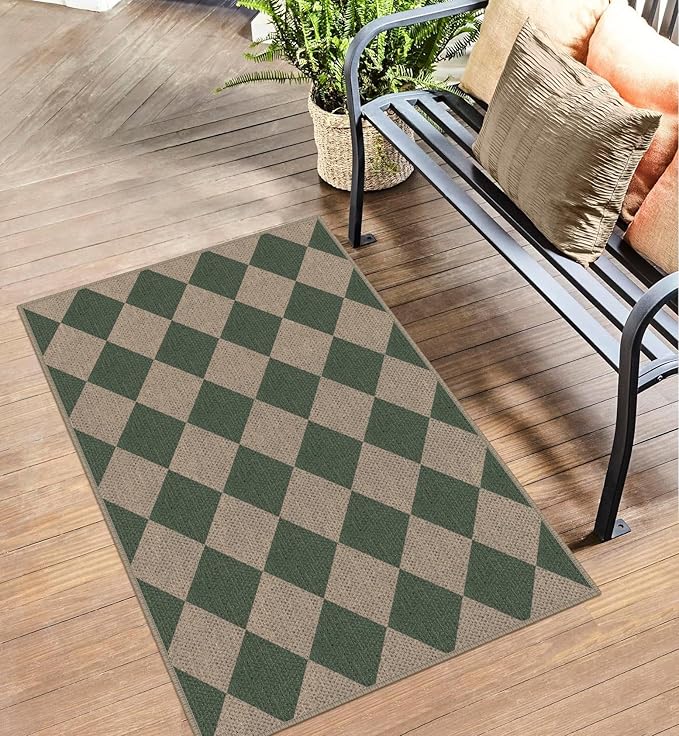 Rugalia Easy Jute Checkered Indoor Outdoor Doormat, 2.6x4 Green Modern Entryway Rug Non-Slip Washable Kitchen Rug, Neutral Farmhouse Diamond Throw Rugs for Entrance Bedroom Porch Patio