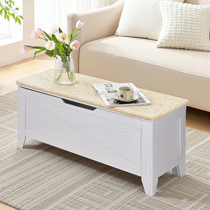 VECELO 43.3" Storage Bench, Entryway Shoe Ottoman, Farmhouse Style Bench with Handwoven Cushion and Metal Safety Hinges, for Bedroom, Living Room, Entryway, White