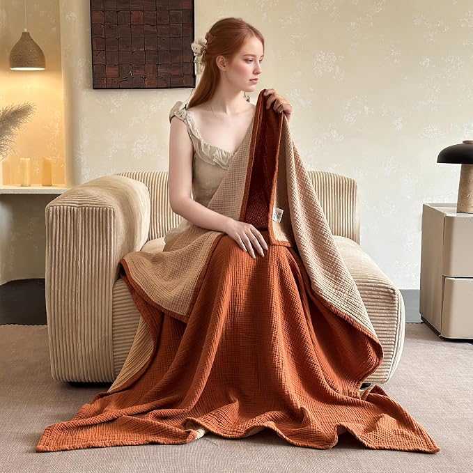 Simple&Opulence 100% Cotton Muslin Blanket Twin Size, Lightweight Breathable 4 Layering Gauze Blanket for Bed Couch Camping, Soft Bedspread Coverlet All-Season Use (Rust Orange, 68"x86")