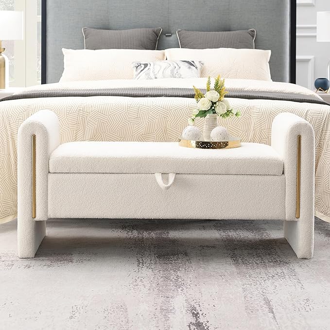 Christopher Knight Home Upholstered Storage Ottoman, Teddy Fabric Bench with Solid Wood Legs, Comfortable Foot Rest Stool, Storage Bench for Bedroom End of Bed, Living Room, Dining Room, White