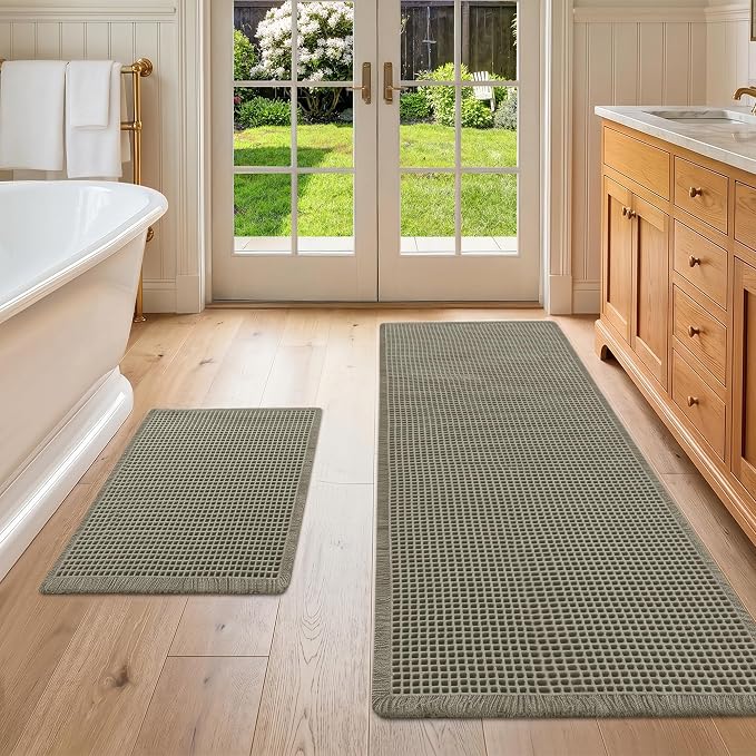 DWCN Set of 2 Waffle Bathroom Mats, Non Slip Bath Rug Set for Bathroom Floor, Super Absorbent Shower Mats for Tub, Washable Kitchen Rugs for Farmhouse Style, 16" x 24" Plus 24" x 60", Olive Green
