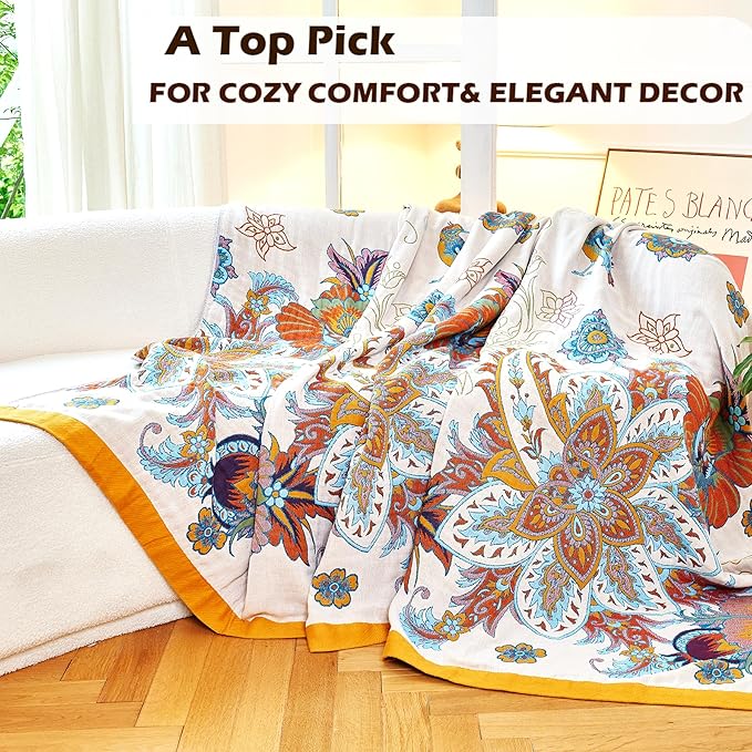 VANJOROY Boho Throw Blanket, 100% Organic Cotton Breathable Skin-Friendly Ultra Soft Bed Quilt Throw - All Season Floral Bird Farmhouse Décor Luxury Blanket for Sofa Couch Chair and Gift. 60" x 80"