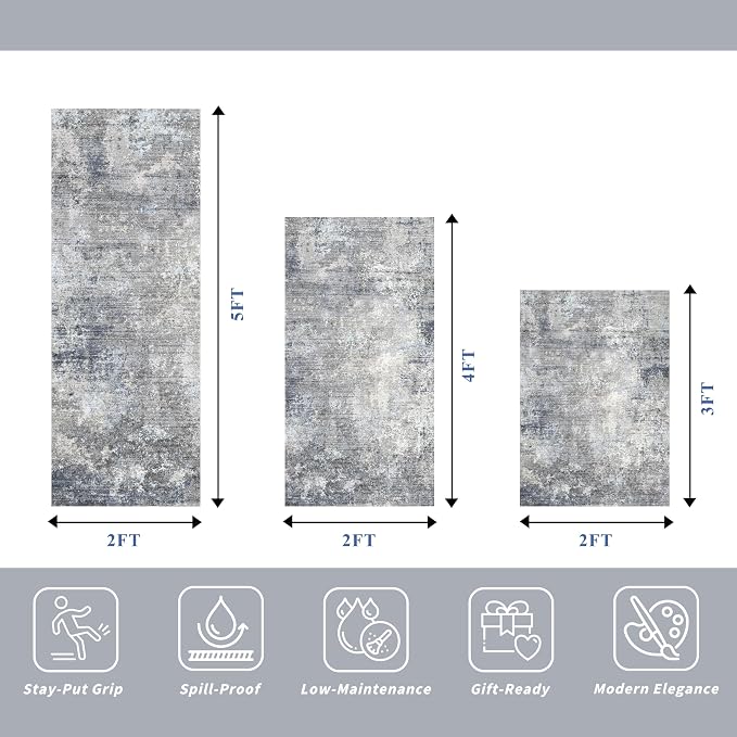 Kitchen Rug Set 3 Piece – Washable Non Slip Runner and Mat Set for Floor Entryway Bathroom Hallway – Soft Low Pile Modern Abstract Neutral Small Rugs (Blue Grey,2x3+2x4+2x5)