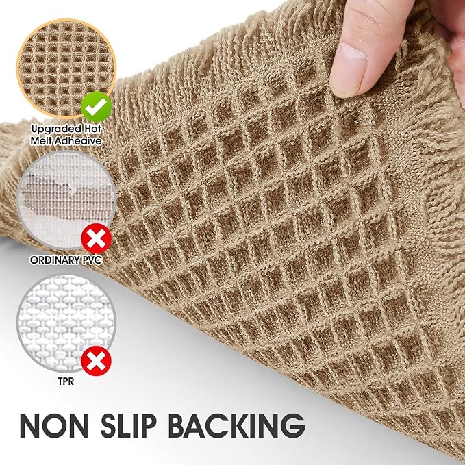 Waffle Bath Mat, Boho Woven Modern Bath Rug Absorbent Non Slip, Ultra Soft Bathroom Mats, Machine Washable Knit Bath Rugs with Triangle Border for Bathroom, Bedroom, Kitchen, 32"x20", Beige & White