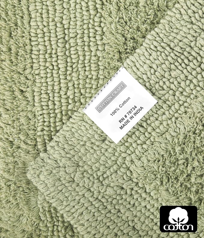COTTON CRAFT Luxurious Bath Mat Rug - Set of 2 Reversible Heavyweight Step Out Bath Mats for Bathroom Floor, Tub and Shower - Pure Cotton Soft Plush Absorbent Tufted Racetrack Mat - 17x24 - Sage Green