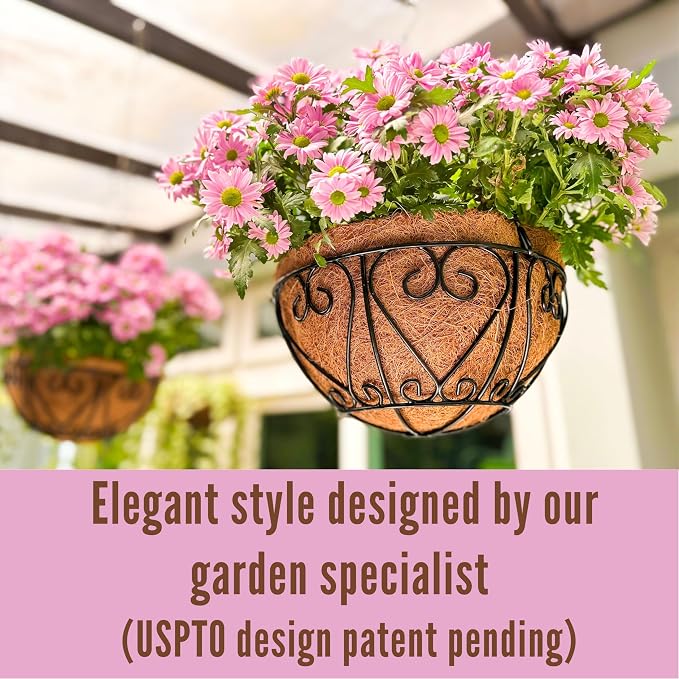 LaLaGreen Hanging Baskets for Plants (12 Inch, 6 Pack) Hanging Flower Pots with Coco Liner, Black Metal Wire Round Basket Plant Holder with Hanger Hook Chain, Outdoor Patio Deck Balcony Garden Decor