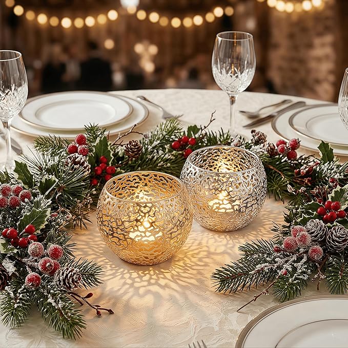 Metal Cut-Out Tealight Candle Holders Set of 2 – Geometric Lanterns for Table Centerpiece & Bathroom Spa – Shatterproof Holiday Decor, Winter Wedding (Gold/Silver)