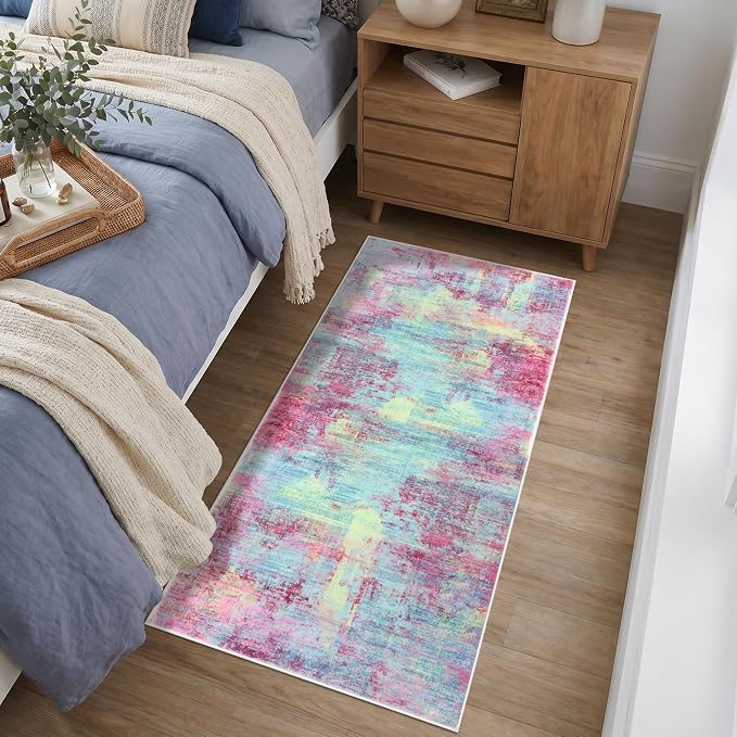 IOHOUZE Abstract Runner Rug 2x4 Ft Entryway Rugs Washable Door Mat Indoor Entrance, Rubber Backed Entryway Runners, Printed Faux Wool Non Slip Floor Carpet for Foyer Front Door Sink, Pink Teal