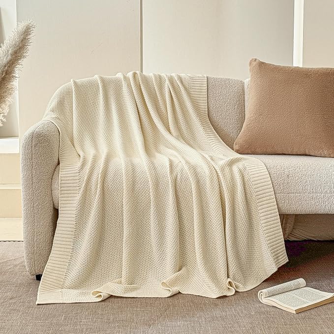 Simple&Opulence 100% Cotton Blanket Queen Size, Solid Color Cable Knitted Blanket Super Soft Comfortable Breathable Decorative Farmhouse for Couch Sofa Bed, All Season Use(White,90x90)