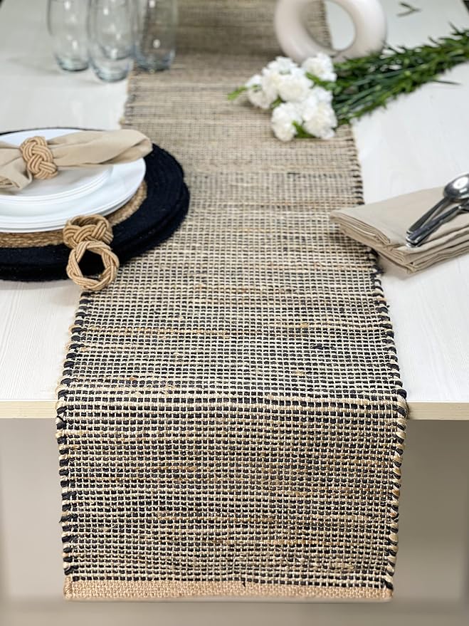 Chardin home Natural Jute Table Runner 13x108 Inch – Vintage Boho Rustic Table Decor – Handwoven Long Table Runner in Natural Jute and Black – Farmhouse Dining or Console Table Accent