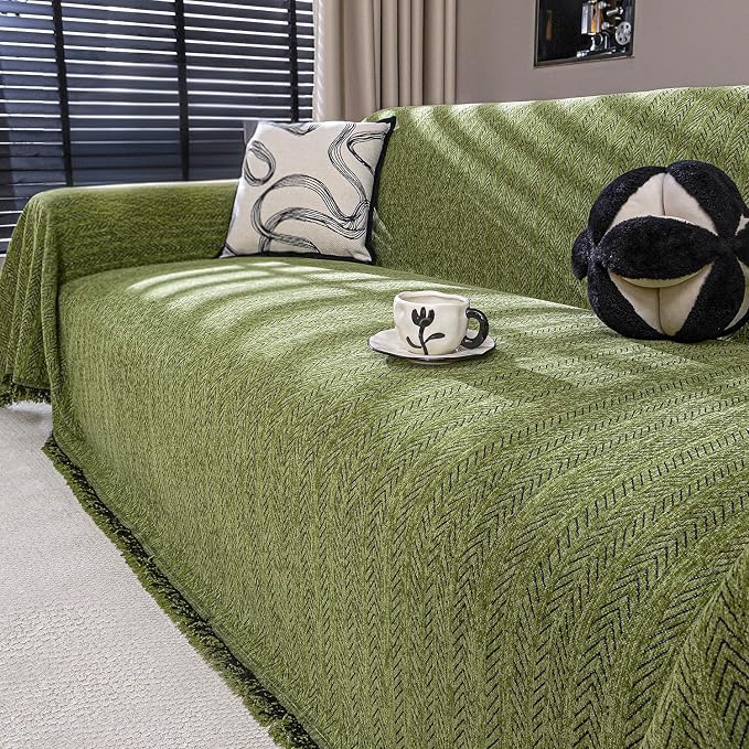 Chenille Couch Cover for Sofa Non Slip Cover Washable Pet Scratch Couch Covers Tassel Sofa Slipcover for 3 Cushion Couch Furniture Protector Blanket for Living Room,Yellow Green 91"x150"