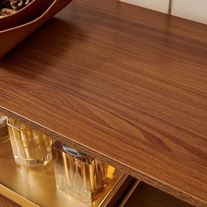 LumFurn Glass Console Table for Living Room, Foyer & Entryway, L41 x W14 x H31 Inch, 3-Tier Mid-Century Modern Sofa Table with Amber Glass Top, Walnut Finish Wood Shelf and Gold Finish Frame