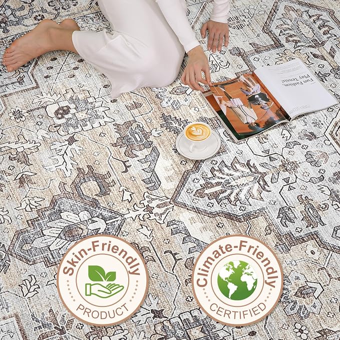 10x12 Area Rug Living Room: Washable Boho Large Neutral Vintage Soft Rugs Stain Resistant Farmhouse Non Slip Indoor Floor Carpet for Bedroom Nursery Kids Playroom Office Dining Room- Ivory Gray