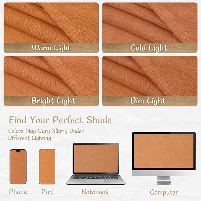 LAMIT Sheer Linen Curtains for Living Room 90 inch Length 2 Panels, Light Filtering Panels Back Tab and Rod Pocket Farmhouse Drapes for Bedroom/Sliding Glass Door, Burnt Orange, 52 x 90 Inch