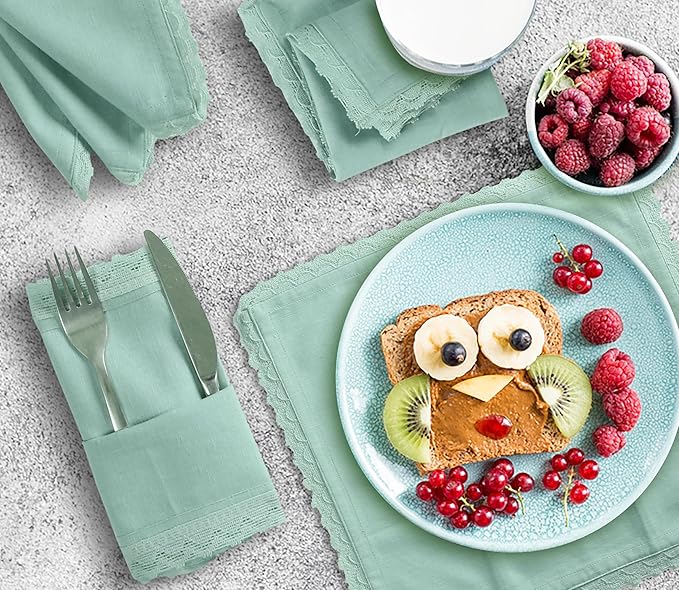 Sage lace Cotton Linen 85% Cotton 15% Linen 12 pcs Set size-12x12 inches Dinner Napkins Everyday Use Premium Quality Over Sized Cloth Napkins Hemmed Ultra Soft Durable Hotel Quality.