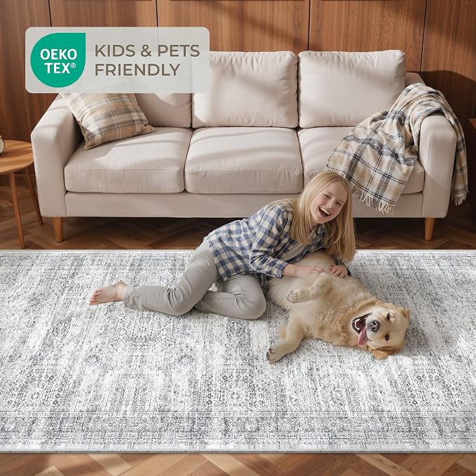 Kitchen Runner Rugs Non Skid Washable - 2.5 x 10 Runner Rug with Anti Slip Backing, Ultra-Thin Soft Rug Runner for Hallway, Bedroom, Living Room (2.5'x10', Grey/Ivory)