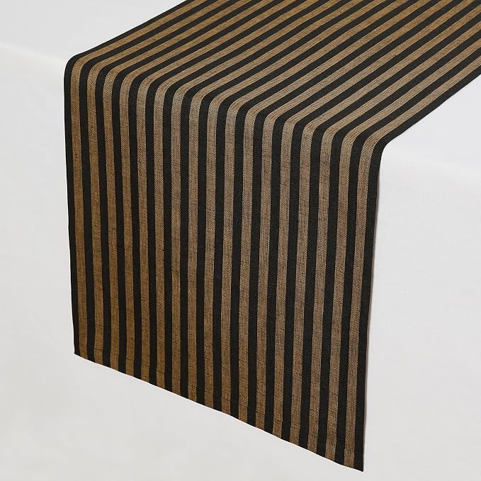 Solino Home Table Runner 60 Inches - Amalfi Stripe 100% Pure Linen Brown Sugar and Black Table Runner 14 x 60 Inch Ideal for Dresser and Coffee Tables