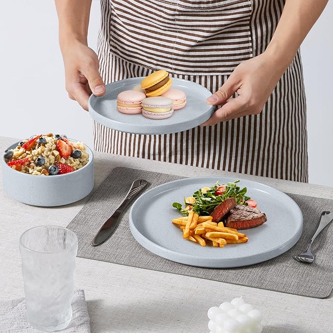 E-far 6-Piece Stoneware Dinnerware Sets, Plates and Bowls Set for 2, Kitchen Modern Dishes Set for Everyday & Formal, Chip and Scratch Resistant, Microwave & Dishwasher Safe, Speckled Gray