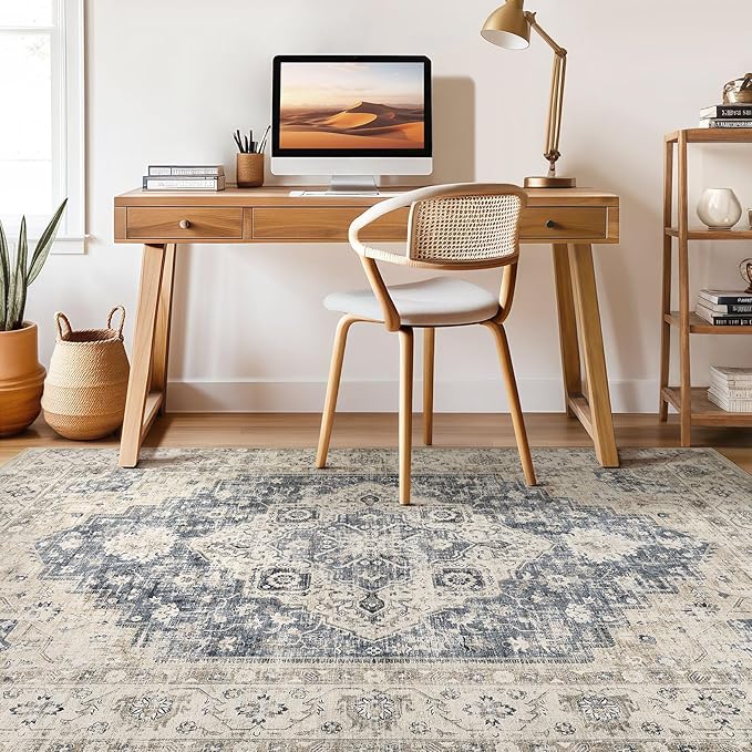 8x10 Area Rugs Living Room: Washable Boho Large Neutral Vintage Soft Rug Stain Resistant Distressed Farmhouse Non-Slip Indoor Floor Carpet for Bedroom Nursery Kids Office Dining Room- Brown Blue