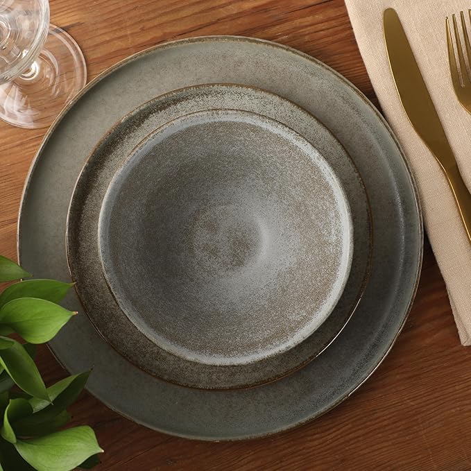 Gibson Elite Coastal Forest Plates and Bowls Sets, 12-Piece Stoneware Dinnerware Sets, Triple Reactive Glaze Dish Set - Slate Grey