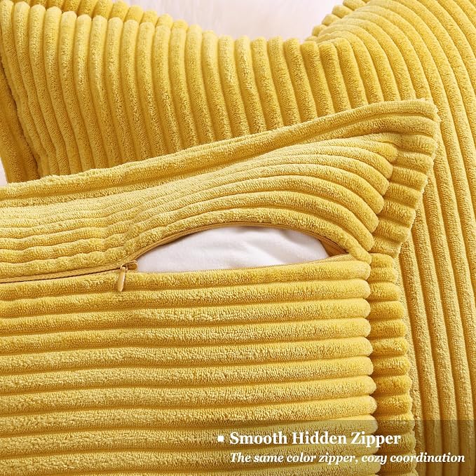 decorUhome Summer Corduroy Mustard Yellow Euro Sham Throw Pillow Covers 22x22 Set of 2 Decorative Soft Boho Farmhouse Couch Pillow Covers for Living Room Bed Sofa Broadside Striped Pillow Cases