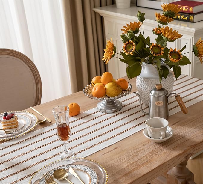 Caflife Boho Table Runner 90 Inchs Long Brown and Beige, Cotton and Linen Woven with Tassels, for Modern Rustic Farmhouse Neutral Table Runners, Bohemian Kitchen Dining Table Home Decor