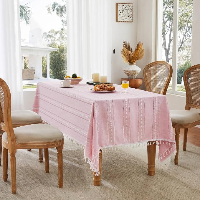 ZeeMart Hemstitched Embroidery Striped Boho Tablecloth 60x104 Inch Pink, Heavy Weight Farmhouse Burlap Linen Pink Tablecloth, Wrinkle Resistant Washable Table Cloth for Rectangle Table