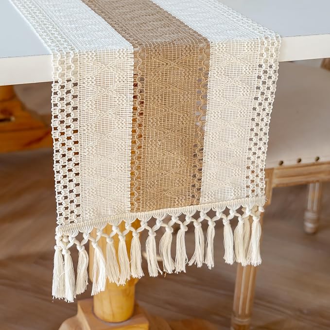 EMMTEEY Boho Table Runner with Tassels- Scratch & Heat Resistant, 108 Inches Long Table Runner Cotton Linen Macrame Handmade for Dining Table/Wedding Décor (12"X108", Cream Brown)