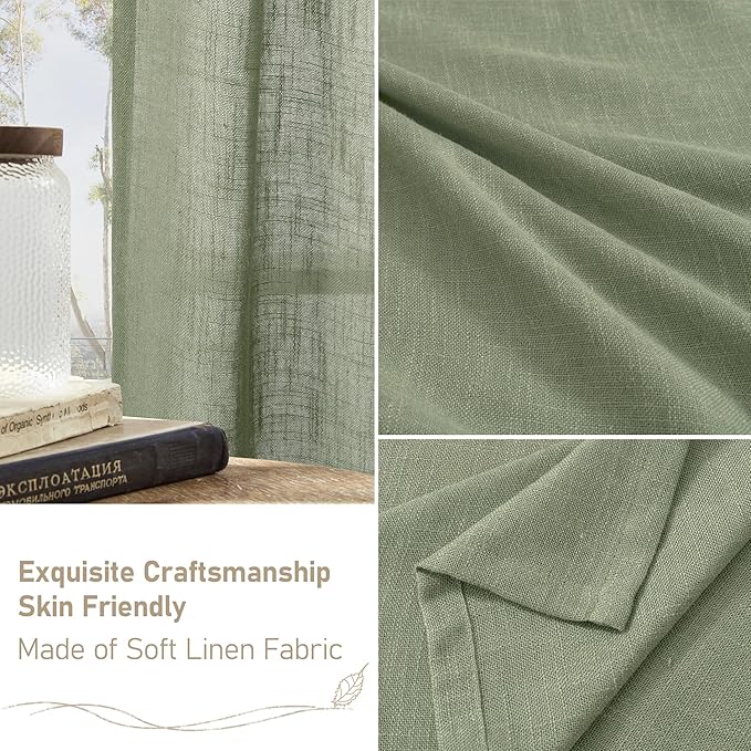 LAMIT Short Linen Window Curtains 30 Inches Long 2 Panels, Sage Green Semi Sheer Light Filtering Panels Back Tab and Rod Pocket Neutral Drapes for Basement/Small Windows, 34 x 30 Inch