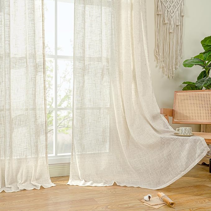 LAMIT Natural Linen Semi Sheer Curtains 80 Inch Length, Light Filtering Neutral Window Curtains Farmhouse Boho Back Tab and Rod Pocket Panels, Natural Cream Ivory, 2 Panels, 52 x 80 Inch