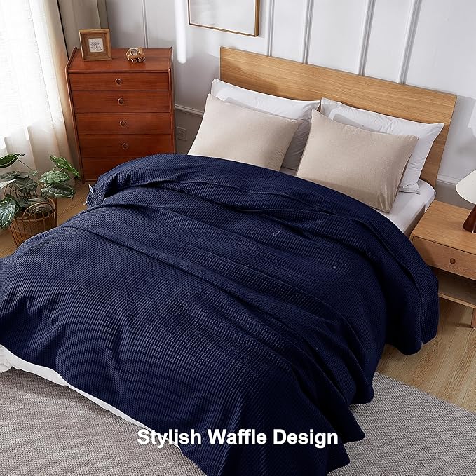 100% Egyptian Cotton Waffle Weave Blanket Queen Size for Bed, 320 GSM - Breathable and Soft for Spring Summer, Lightweight All Season Bed Blanket for Couch, Sofa (90x90 Inches, Navy)