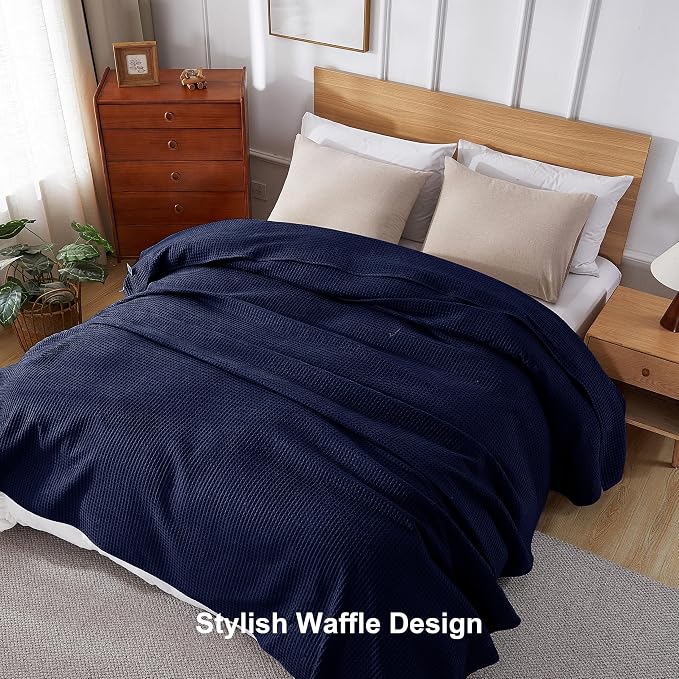 100% Egyptian Cotton Waffle Weave Blanket King Size for Bed, 320 GSM - Breathable and Soft for Spring Summer, Lightweight All Season Bed Blanket for Couch, Sofa (104x90 Inches, Navy)