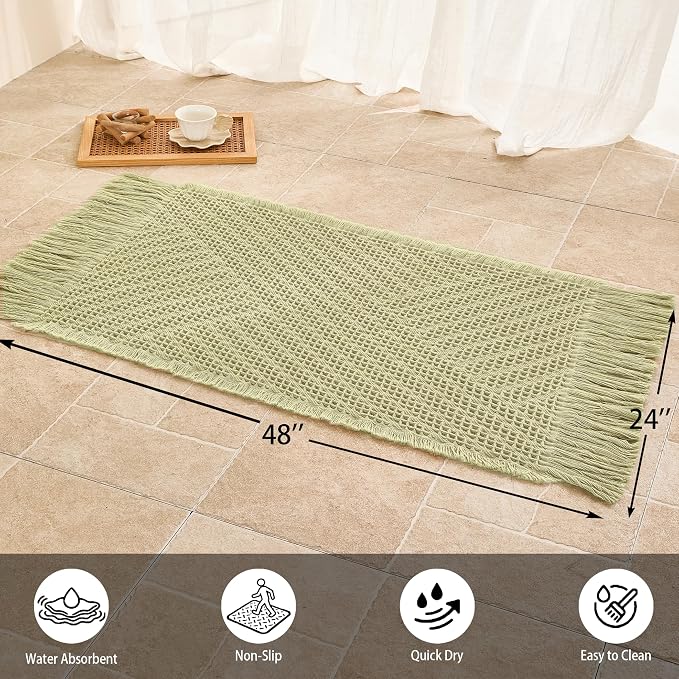 Waffle Bath Mat Non Slip, Boho Runner Rug, Super Absorbent Quick Dry Long Bath Runner Bathroom, Soft Farmhouse Bath Rug with Tassels, Washable Shower Mats for Floor 24"x48", Tassels Sage Green