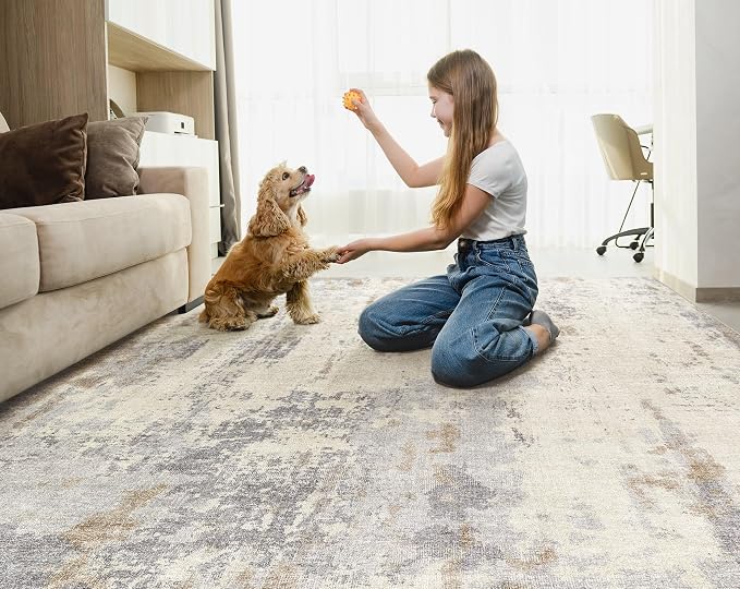 UERMEI 6x9 Area Rug Living Room Rugs - Washable Neutral Modern Abstract Soft Thin Rug Indoor Floor No Slip Rug Carpet for Bedroom Under Dining Table Home Office Decor - Light Brown/Gray
