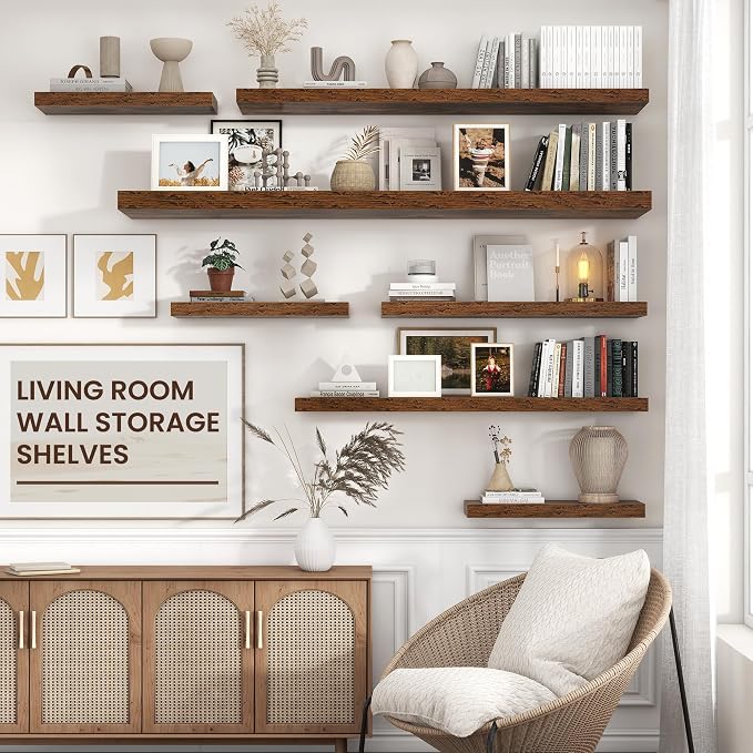 Floating Shelves for Wall 36 inch Long, Engineered Wood Wall Shelves with Invisible Brackets for Living Room Bedroom Bathroom Office Kitchen Decor and Storage, Rustic Brown Finish, Set of 2