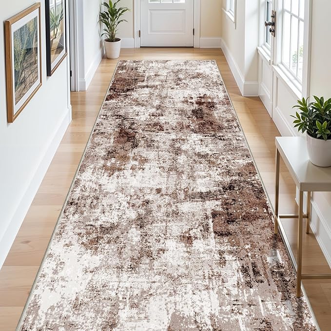 3x12 Washable Runner Rugs for Hallway: Long Abstract Runners for Entryway Bedroom - Stain and Water Resistant Rugs with Non-Slip Backing - Soft Low-Pile Carpet Brown Khaki White