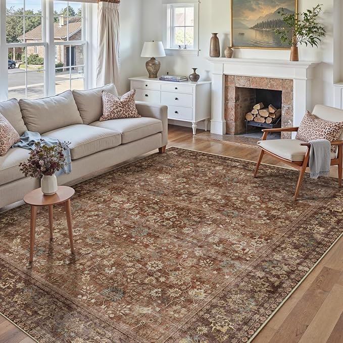 HUGEAR 6x9 Machine Washable Rugs Brick Red Hallway Large Area Rug Indoor Accent Rug Floral Low Pile Carpet Soft Throw Aesthetic Rug Bedroom Living Room Office Dining Room Kitchen Laundry Room
