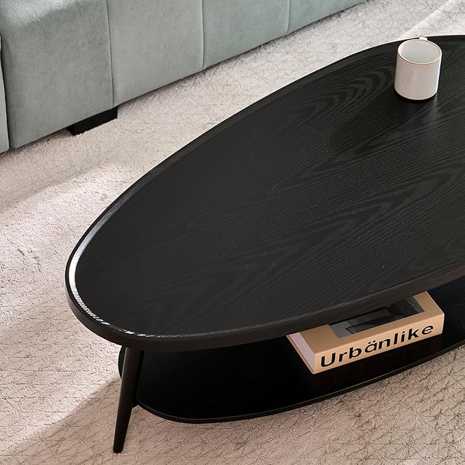 AGV Oval Coffee Table with Storage Shelf 47” Mid Century Modern Coffee Table,Black Wood Finish MDF Top with Black Metal Legs for Living Room,Office or Small Space