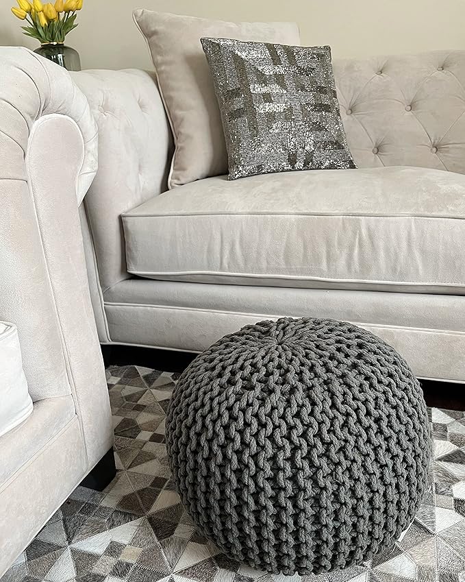 NOORI Rug Home - 100% Handmade & Handcrafted Premium Cotton Round Knitted Cable Style Pouf Foot Stool Ottoman Bean Bag Chair - Small Furniture - Sage, 17x17x14 (S119)
