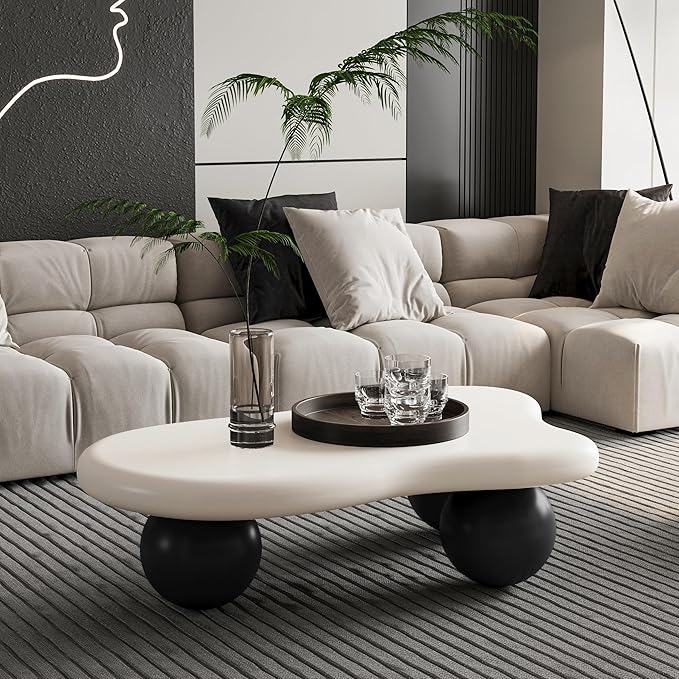 40" Cloud Coffee Table for Living Room Irregular Coffee Table Modern Low Coffee Tables Cute Small Center Table with 3 Ball Legs for Small Space Apartment White & Black