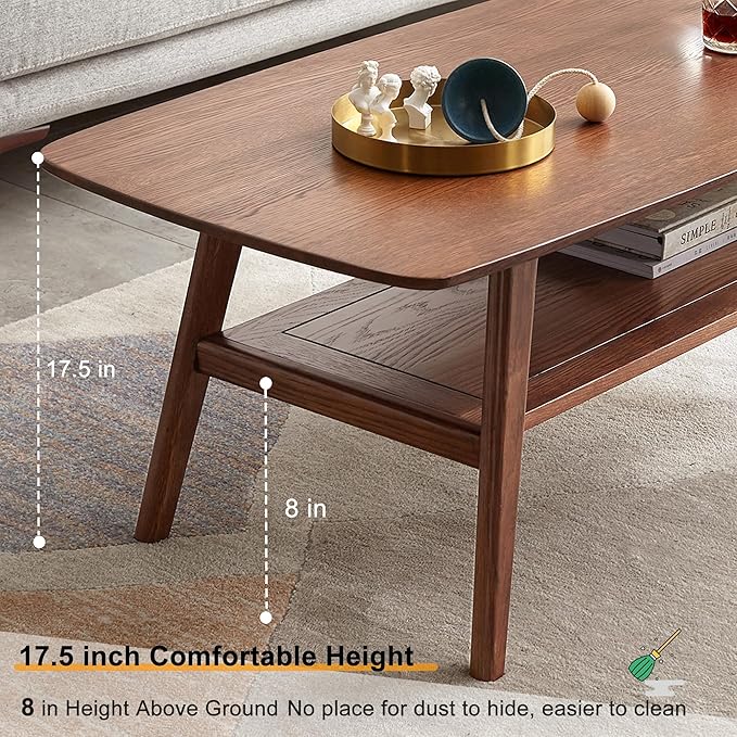 Modern Solid Oak Wood Coffee Table, 2-Tier Small Wooden Coffee Table with Storage Shelf for Living Room, Apartment, Office(32''D x 20''W x 18''H)