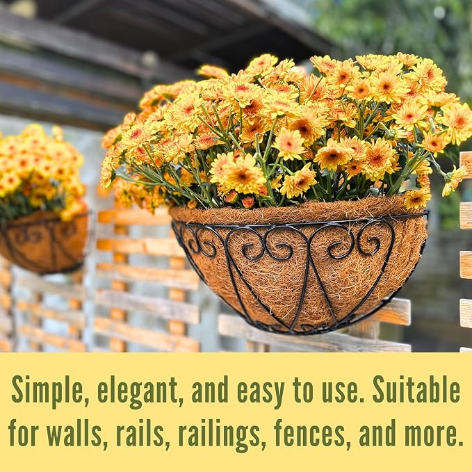 LaLaGreen Outdoor Wall Planters (2 Pack, 12 Inch) Black Metal Wall Mounted Hanging Basket with Coco Liner, Flower Pot Plant Holder Semi-Circle Planter for Fence Railing Deck Porch Balcony Garden Decor