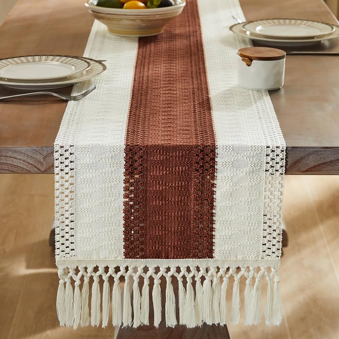 ZeeMart Macrame Style Bicolor Stitching Table Runner, 14 x 60 Inch Terracota/Ivory, Boho Rust Table Runners 60 Inches Long, Farmhouse Woven Home Decor
